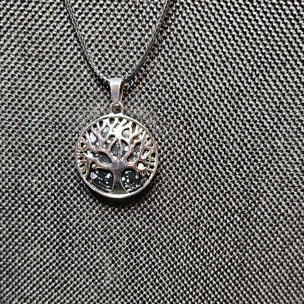 Silver Tree of Life Snowflake Obsidian Pendant Necklace